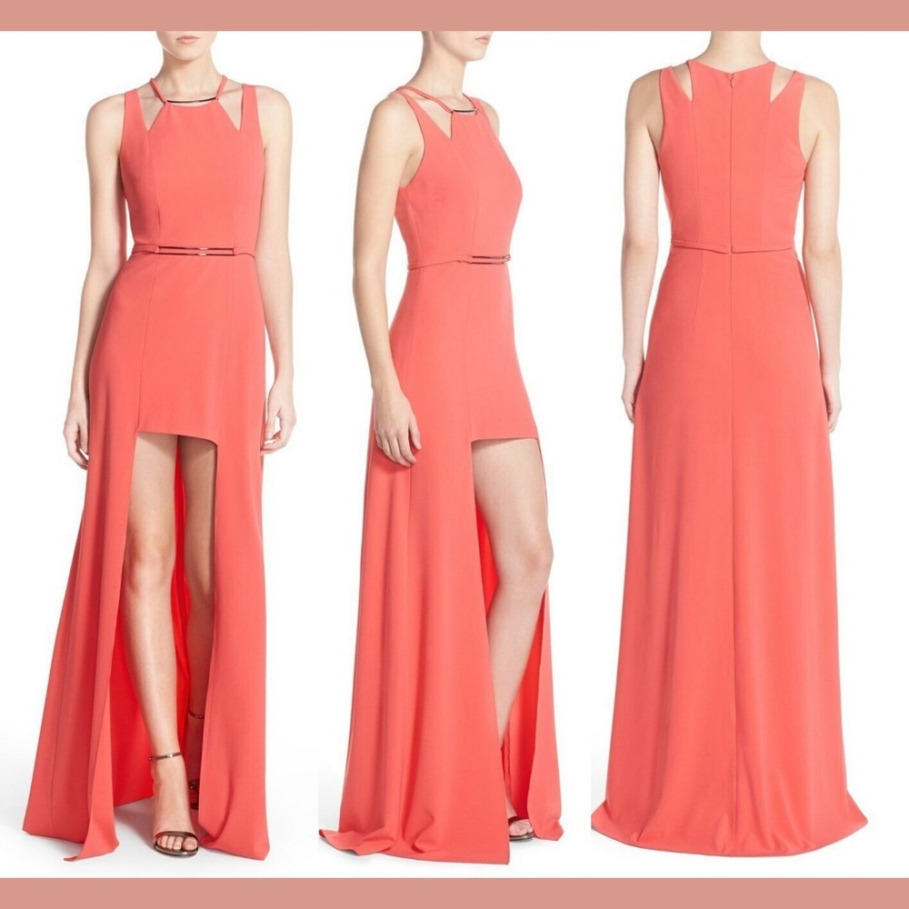 NWT Halston Heritage‎ Sleeveless Crepe High/Low Gown in Pink Coral [SZ 4 ]